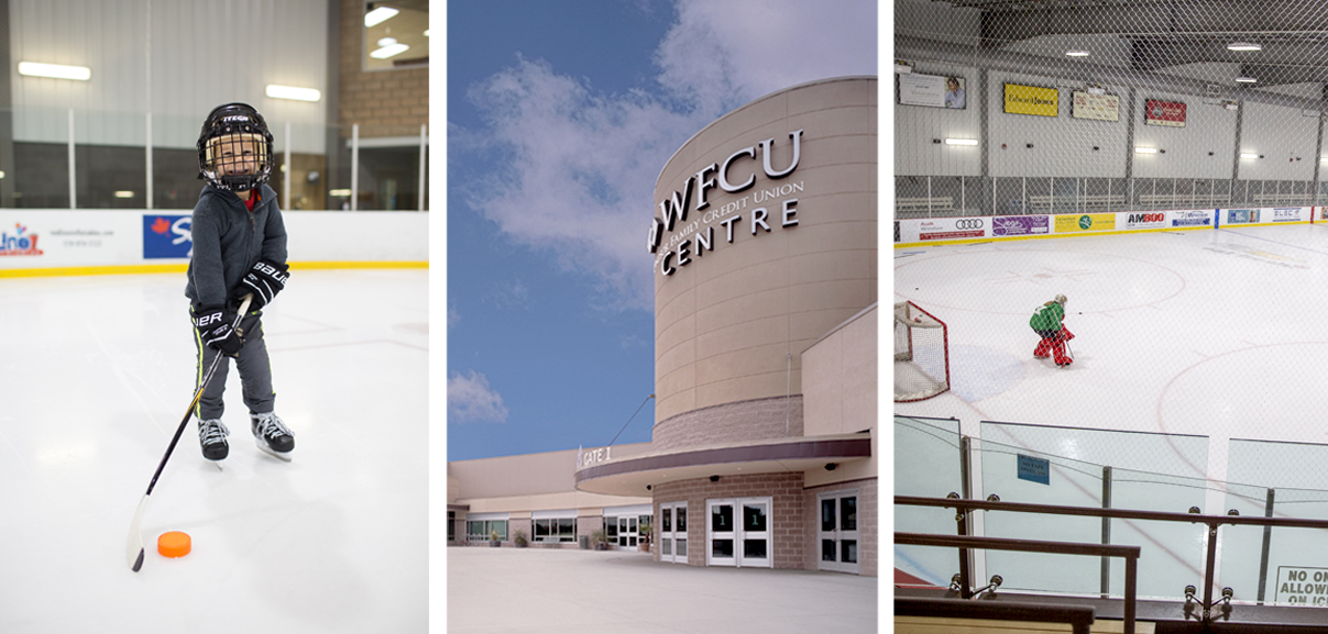 Collage of a smiling child in hockey gear, the WFCU Centre's entrance, and a goalie guarding a hockey net